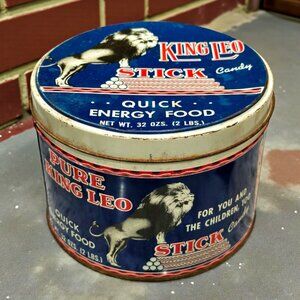 Vintage Pure King Leo Lion Stick Candy Advertising Tin Peppermint 32 OZ ~Empty